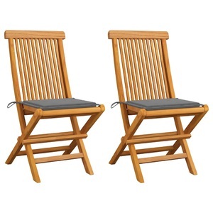 vidaXL, vidaXL Gartenstühle mit Grauen Kissen 2 Stk. Massivholz Teak, vidaXL Gartenstühle mit Grauen Kissen 2 Stk. Massivholz Teak
