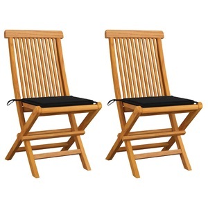 vidaXL, vidaXL Gartenstühle mit Schwarzen Kissen 2 Stk. Massivholz Teak