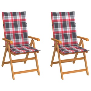 vidaXL, vidaXL Gartenstühle 2 Stk. Rote Karomuster-Kissen Massivholz Teak, vidaXL Gartenstühle 2 Stk. Rote Karomuster Kissen Massivholz Teak