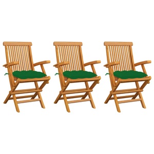 vidaXL, vidaXL Gartenstühle mit Grünen Kissen 3 Stk. Massivholz Teak, vidaXL Gartenstühle mit Grünen Kissen 3 Stk. Massivholz Teak