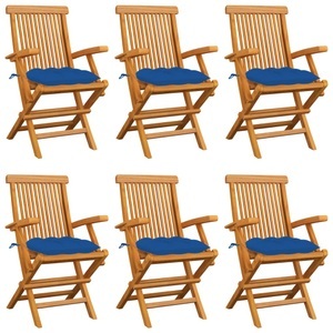 vidaXL, vidaXL Gartenstühle mit Blauen Kissen 6 Stk. Massivholz Teak, vidaXL Gartenstühle mit Blauen Kissen 6 Stk. Massivholz Teak