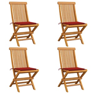 vidaXL, vidaXL Gartenstühle mit Roten Kissen 4 Stk. Teak Massivholz, vidaXL Gartenstühle mit Roten Kissen 4 Stk. Teak Massivholz