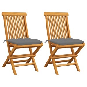 vidaXL, vidaXL Gartenstühle mit Grauen Kissen 2 Stk. Massivholz Teak, vidaXL Gartenstühle mit Grauen Kissen 2 Stk. Massivholz Teak