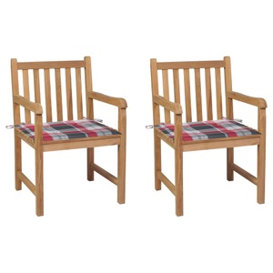 vidaXL, vidaXL Gartenstühle 2 Stk. Rote Karomuster-Kissen Massivholz Teak