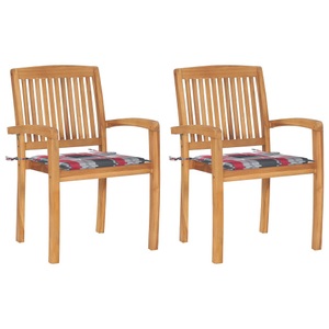 vidaXL, vidaXL Gartenstühle 2 Stk. Rote Karomuster Kissen Massivholz Teak