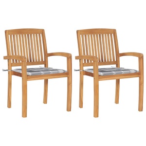 vidaXL Gartenstühle 2 Stk. Graue Karomuster Kissen Massivholz Teak