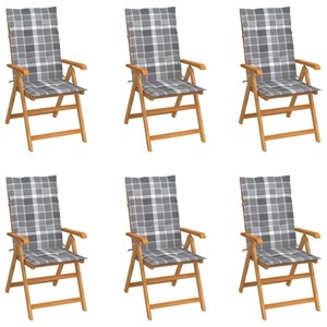 vidaXL, vidaXL Gartenstühle 6 Stk. Graue Karomuster-Kissen Massivholz Teak, vidaXL Gartenstühle 6 Stk. Graue Karomuster-Kissen Massivholz Teak
