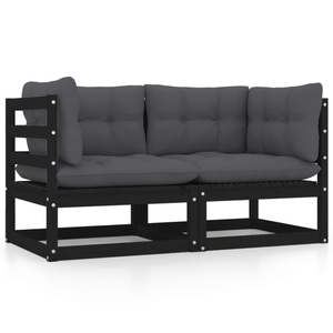 vidaXL, vidaXL 2-Sitzer-Gartensofa mit Kissen Schwarz Kiefer Massivholz, vidaXL Gartensofa 2-Sitzer mit Kissen Schwarz Kiefer Massivholz
