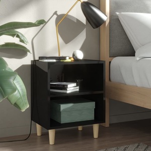vidaXL, vidaXL Nachttisch mit Massivholz-Beinen Hochglanz-Schwarz 40x30x50 cm, vidaXL Nachttisch mit Massivholz-Beinen Hochglanz-Schwarz 40x30x50 cm