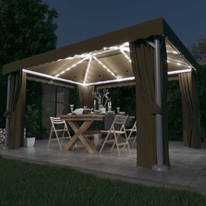 vidaXL, vidaXL Pavillon mit Vorhängen & LED-Lichterkette 4x3 m Taupe