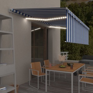 vidaXL, vidaXL Gelenkarmmarkise Einziehbar mit Volant & LED 5x3 m Blau & Weiß, vidaXL Markise Manuell Einziehbar mit Rollo & LED 5x3 m Blau & Weiß