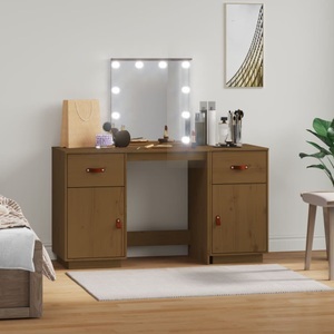 vidaXL, vidaXL Schminktisch-Set mit LED Honigbraun Massivholz Kiefer, vidaXL Schminktisch-Set mit LED Honigbraun Massivholz Kiefer