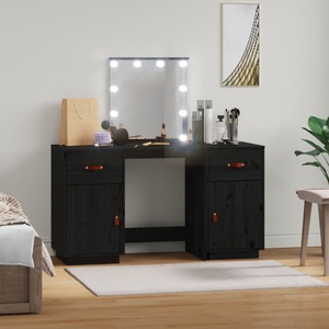 vidaXL, vidaXL Schminktisch-Set mit LED Schwarz Massivholz Kiefer, vidaXL Schminktisch-Set mit LED Schwarz Massivholz Kiefer