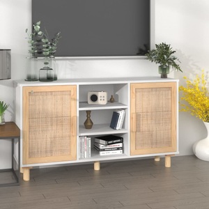 vidaXL, vidaXL Sideboard Weiß 105x30x60 cm Massivholz Kiefer und Natur-Rattan