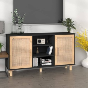 vidaXL, vidaXL Sideboard Schwarz 105x30x60 cm Massivholz Kiefer Natur-Rattan