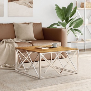 vidaXL, vidaXL Couchtisch Silbern Edelstahl und Massivholz Akazie, VidaXL - Couchtisch edelstahl, One Size, Silber