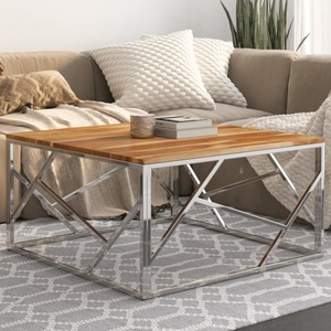 vidaXL, vidaXL Couchtisch Silbern Edelstahl und Massivholz Akazie, vidaXL Couchtisch Silbern Edelstahl und Massivholz Akazie