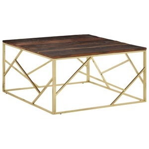 vidaXL, vidaXL Couchtisch Golden Edelstahl und Massive Holzschwellen