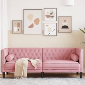 vidaXL, vidaXL Chesterfield-Sofa mit Nackenrollen 3-Sitzer Rosa Samt, vidaXL Chesterfield-Sofa mit Nackenrollen 3-Sitzer Rosa Samt