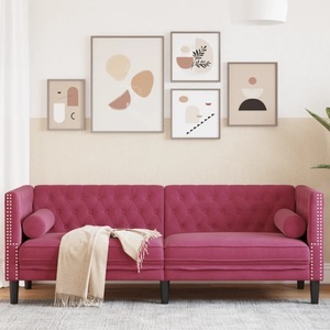 vidaXL, vidaXL Chesterfield-Sofa mit Nackenrollen 3-Sitzer Weinrot Samt, vidaXL Chesterfield-Sofa mit Nackenrollen 3-Sitzer Weinrot Samt