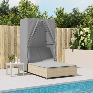 vidaXL, vidaXL Doppel-Sonnenliege mit Dach und Vorhängen Beige Poly Rattan, vidaXL Doppel-Sonnenliege mit Dach und Vorhängen Beige Poly Rattan