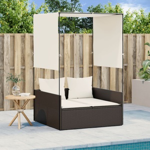 vidaXL, vidaXL Doppel-Sonnenliege mit Dach und Vorhängen Braun Poly-Rattan, vidaXL Doppel-Sonnenliege mit Dach und Vorhängen Braun Poly Rattan