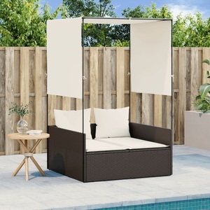 vidaXL, vidaXL Doppel-Sonnenliege mit Dach und Vorhängen Braun Poly-Rattan, vidaXL Doppel-Sonnenliege mit Dach und Vorhängen Braun Poly Rattan