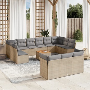 vidaXL, vidaXL 14-tlg. Garten-Sofagarnitur mit Kissen Beige Poly Rattan, vidaXL 14-tlg. Garten-Sofagarnitur mit Kissen Beige Poly Rattan