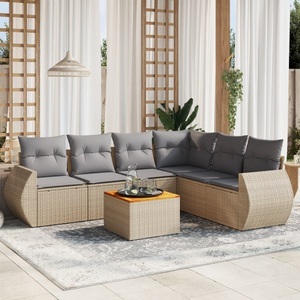 vidaXL, vidaXL 7-tlg. Garten-Sofagarnitur mit Kissen Beige Poly Rattan, vidaXL 7-tlg. Garten-Sofagarnitur mit Kissen Beige Poly Rattan