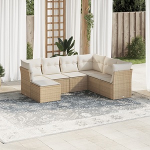 vidaXL, vidaXL 7-tlg. Garten-Sofagarnitur mit Kissen Beige Poly Rattan, vidaXL 7-tlg. Garten-Sofagarnitur mit Kissen Beige Poly Rattan