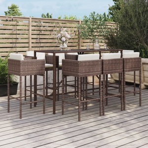 vidaXL, vidaXL 9-tlg. Gartenbar-Set mit Kissen Braun Poly Rattan, vidaXL 9-tlg. Gartenbar-Set mit Kissen Braun Poly Rattan