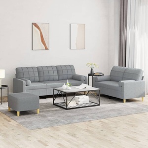 vidaXL, vidaXL 3-tlg. Sofagarnitur mit Kissen Hellgrau Stoff