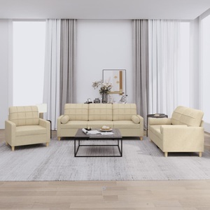 vidaXL, vidaXL 3-tlg. Sofagarnitur mit Kissen Creme Stoff