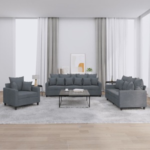 vidaXL, vidaXL 3-tlg. Sofagarnitur mit Kissen Dunkelgrau Samt, vidaXL 3-tlg. Sofagarnitur mit Kissen Dunkelgrau Samt