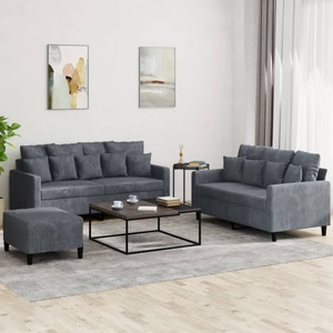 vidaXL, vidaXL 3-tlg. Sofagarnitur mit Kissen Dunkelgrau Samt, vidaXL 3-tlg. Sofagarnitur mit Kissen Dunkelgrau Samt