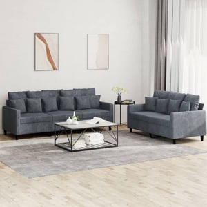 vidaXL, vidaXL 2-tlg. Sofagarnitur mit Kissen Dunkelgrau Samt, vidaXL 2-tlg. Sofagarnitur mit Kissen Dunkelgrau Samt
