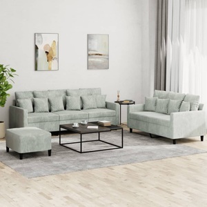 vidaXL, vidaXL 3-tlg. Sofagarnitur mit Kissen Hellgrau Samt, vidaXL 3-tlg. Sofagarnitur mit Kissen Hellgrau Samt