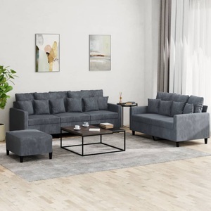 vidaXL, vidaXL 3-tlg. Sofagarnitur mit Kissen Dunkelgrau Samt, vidaXL 3-tlg. Sofagarnitur mit Kissen Dunkelgrau Samt