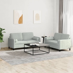 vidaXL, vidaXL 2-tlg. Sofagarnitur mit Kissen Hellgrau Samt, vidaXL 2-tlg. Sofagarnitur mit Kissen Hellgrau Samt