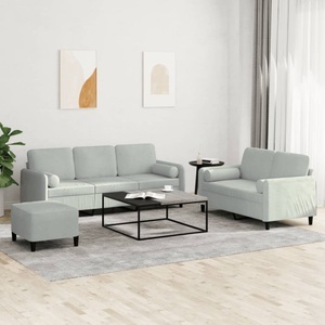 vidaXL, vidaXL 3-tlg. Sofagarnitur mit Kissen Hellgrau Samt, vidaXL 3-tlg. Sofagarnitur mit Kissen Hellgrau Samt