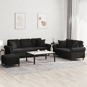 vidaXL, vidaXL 3-tlg. Sofagarnitur mit Kissen Schwarz Samt, vidaXL 3-tlg. Sofagarnitur mit Kissen Schwarz Samt