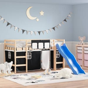 vidaXL, vidaXL Kinderhochbett mit Vorhängen Weiß und Schwarz Massivholz Kiefer, vidaXL Kinderhochbett mit Vorhängen Weiß und Schwarz Massivholz Kiefer