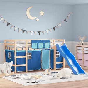 vidaXL, vidaXL Kinderhochbett mit Vorhängen Blau 80x200 cm Massivholz Kiefer