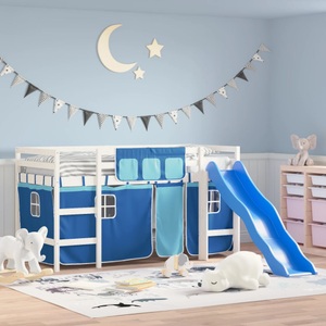 vidaXL, vidaXL Kinderhochbett mit Vorhängen Blau 90x200 cm Massivholz Kiefer