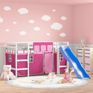 vidaXL, vidaXL Kinderhochbett mit Vorhängen Rosa 90x200 cm Massivholz Kiefer, vidaXL Kinderhochbett mit Vorhängen Rosa 90x200 cm Massivholz Kiefer