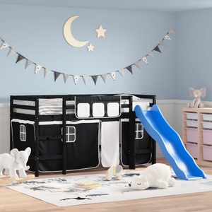 vidaXL, vidaXL Kinderhochbett mit Vorhängen Weiß Schwarz 90x200 cm Kiefernholz