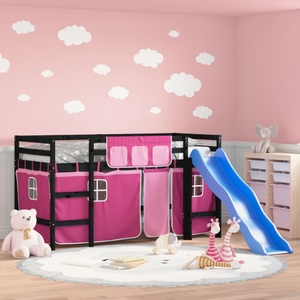 vidaXL, vidaXL Kinderhochbett mit Vorhängen Rosa 90x200 cm Massivholz Kiefer, vidaXL Kinderhochbett mit Vorhängen Rosa 90x200 cm Massivholz Kiefer