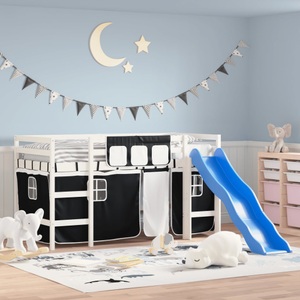 vidaXL, vidaXL Kinderhochbett mit Vorhängen Weiß Schwarz 90x190 cm Kiefernholz, vidaXL Kinderhochbett mit Vorhängen Weiß Schwarz 90x190 cm Kiefernholz