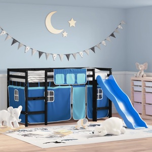 vidaXL, vidaXL Kinderhochbett mit Vorhängen Blau 90x190 cm Massivholz Kiefer