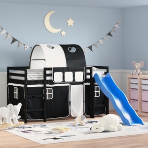 vidaXL, vidaXL Kinderhochbett mit Tunnel Weiß & Schwarz 90x200 cm Kiefernholz